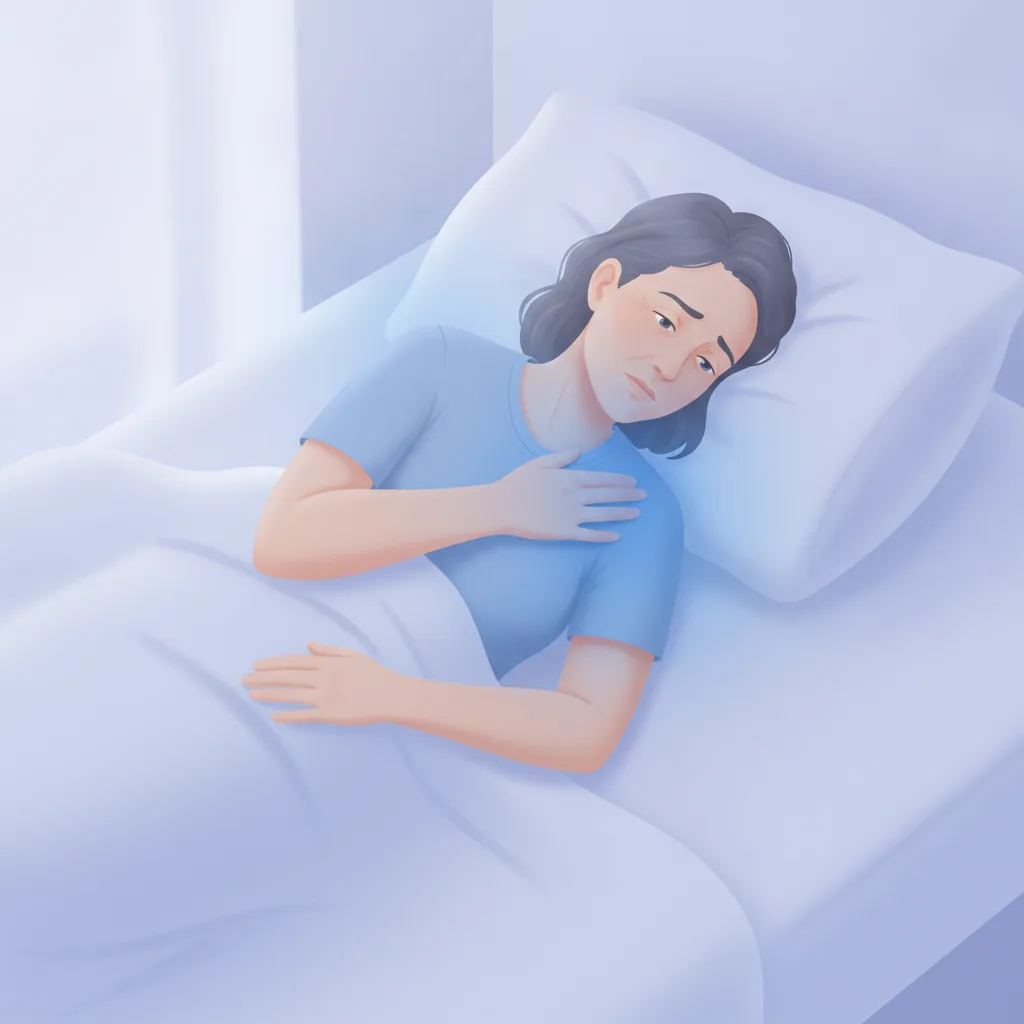 밤에 옆으로 누워 어깨통증으로 잠을 못 이루고 있는 오십견 환자의 모습<p style=